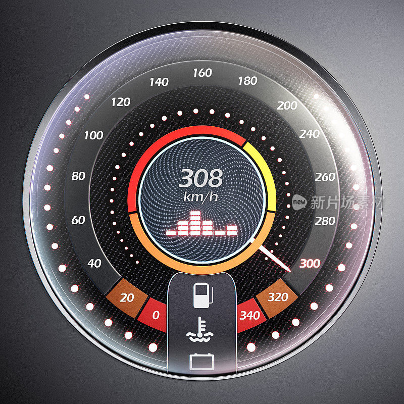 汽车速度计指向300公里/小时以上的高速。三维演示